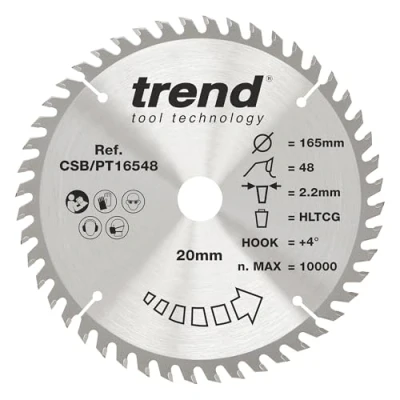Imagen de Trend CraftPro Hoja de sierra TCT, 165 mm diámetro x 48 dientes 20 (ranura 2,0 mm), punta carburo tungsteno, CSB/PT16548