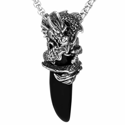 Imagen de DonDon Collar de Acero Inoxidable con Colgante Diente dragón para Hombres en Bolsa Joyas