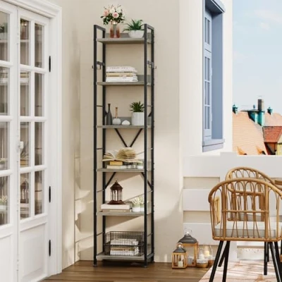 Imagen de YITAHOME Estantería de 6 Niveles, Librería Piso con 4 Ganchos, Estante Madera y Marco Metal, Industrial Alta, Almacenamiento para Sala Estar, Oficina en Casa, Gris