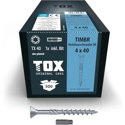 Imagen de TOX tornillos para construcción de madera TIMBR SK 4,0 x 40 mm, azul galvanizado con cabeza avellanada, TX20, 500 unidades en caja, incl. 1x broca, 112040414040