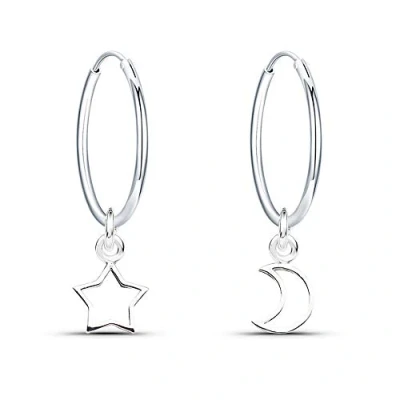 Imagen de Epoch World Pendientes de Plata Ley 925 aro con Colgante Luna y Estrella Redondos Diámetro 16 mm Pequeños para Mujer Niña
