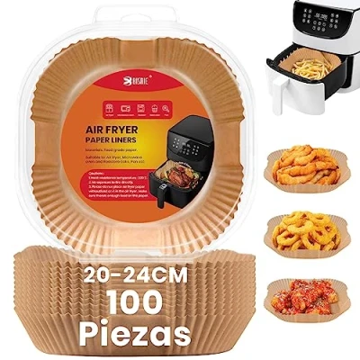Imagen de Papel para Freidora de Aire, BISNIE 100 Piezas, Cuadrado, Pergamino Antiadherente Desechable sin perforar Hornear Asar y Microondas Sartén(20cm)