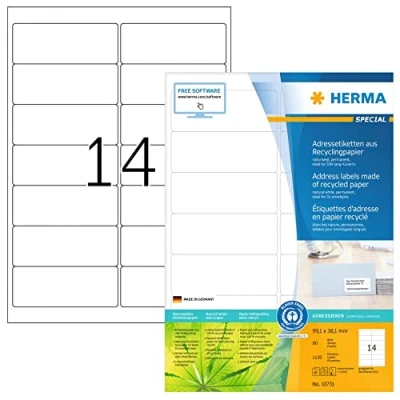 Imagen de HERMA 10731 Etiquetas recicladas, 80 hojas, 99,1 x 38,1 mm, 14 hojas por A4, 1120 unidades, autoadhesivas, imprimibles, mate, en blanco, papel reciclado, blanco natural