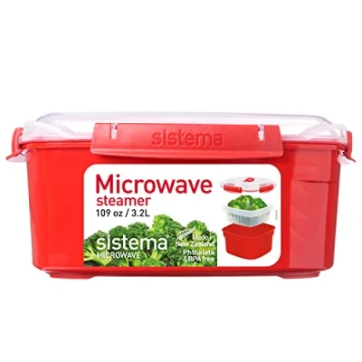 Imagen de Sistema vaporera para alimentos apta microondas con cesta extraíble Grande: 3,2 l Rojo/transparente