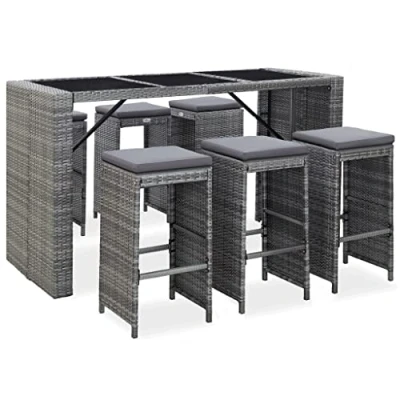 Imagen de vidaXL Mesa y Sillas de Bar Jardín 7 Piezas Cojines Patio Conjunto Casa Exterior Comedor Aire Libre Asientos Balcón Ratán Sintético Gris