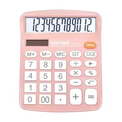 Imagen de CATIGA Calculadora de escritorio 12 dígitos con pantalla LCD grande y botón sensible, energía solar dual batería, función estándar para oficina, hogar, escuela, CD 2786 (rosa claro)