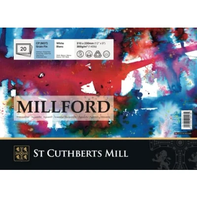 Imagen de ST CUTHBERTS Mill Millford MIL Millford, Bloc Encolado 4 lados, 23x31cm, Grano Fino, 300g, 12 hojas, 100% Algodón Papel de Acuarela, Blanco