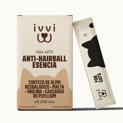 Imagen de ivvi Anti Hairball Esencia para Gatos Crema Funcional con Malta, Olmo Rojo, inulina y psyllium Ayuda a Eliminar Bolas de Pelo 30x15g atún Real