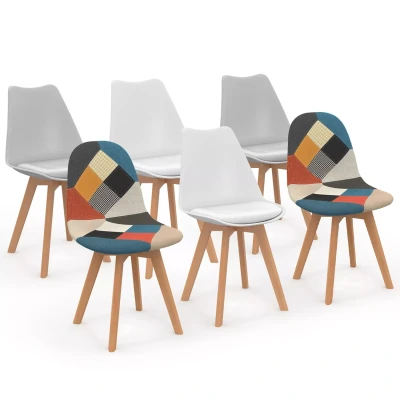 Imagen de IDMarket Juego de 6 sillas escandinavas SARA blanco x2, gris claro x2 y patchworks multicolor