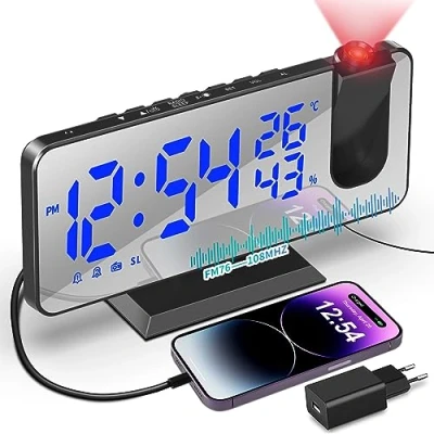 Imagen de TAKRINK Despertador de Proyección 7.5 Pulgadas Digital 180 Rotativo, con Función Radio FM Humedad Temperatura Interior Puerto Carga USB 2 Relojes Despertadores 4 Niveles Brillo
