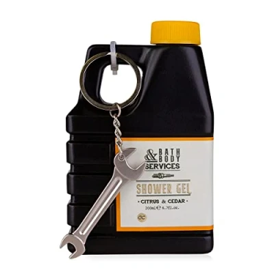 Imagen de accentra BATH &amp; BODY SERVICES Gel de ducha en forma bidón aceite, 200 ml, incluye llavero llave inglesa, aroma cítrico y cedro, rellenable