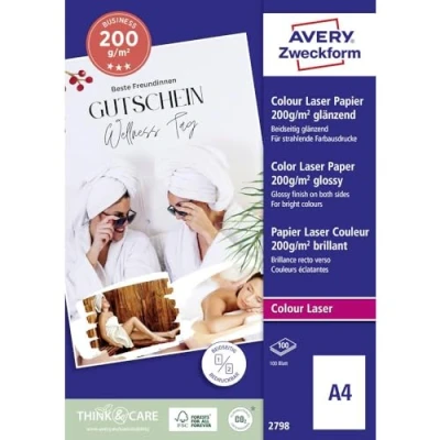 Imagen de Avery Zweckform 2798 Pack de 100 hojas papel fotográfico para impresoras, 210 x 297 mm, color blanco