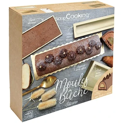 Imagen de ScrapCooking 1939 Caja de moldes silicona para troncos navideños, con inserción, alfombra bizcocho, soporte dorado y receta tronco pera chocolate, color