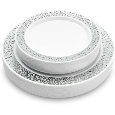 Imagen de MATANA 40 Platos de Plástico Blanco Premium con Borde Plateado (2 Tamaños: 20 x 26cm, 19cm) Elegantes, Resistentes y Reutilizables Bodas, Cumpleaños, Barbacoas, Navidad, Fiestas