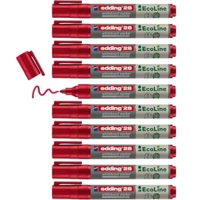 Imagen de edding 28 EcoLine marcador para pizarras blancas rojo 10 rotuladores punta redonda 1,5 3 mm rotulador pizarra blanca, borrado en seco flipchart, tablón de notas recargable