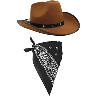 Imagen de ILOVEFANCYDRESS Disfraz DE Vaquero con Bandana Conjunto Accesorios Sombrero Marron Y Negra DESEÑOS Blancos Fiestas TEMATICAS (1 Unidad)