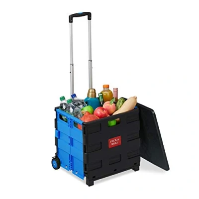 Imagen de Relaxdays Klappbarer Einkaufstrolley Carro de la Compra Plegable, para hasta 35 kg, Caja 50 litros, Asa Telescópica, Carrito Transporte, 2 Ruedas, Azul y Negro, Aluminio, 99 x 45,5 37,5 cm