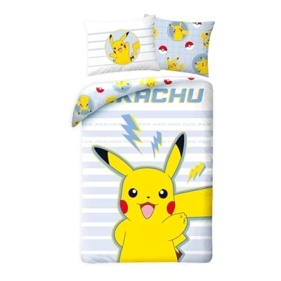 Imagen de Halantex Juego de cama Pikachu 100% algodón, funda nórdica Pokemon reversible 140 x 200 cm + almohada 65