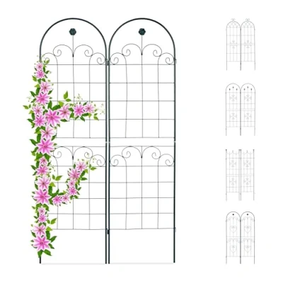 Imagen de Relaxdays Set de dos soportes para enredaderas, Enrejado metálico, Arco y flor, 180 x 50 cm, Verde oscuro
