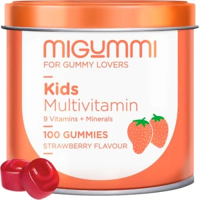 Imagen de Gominolas multivitaminas para niños 100 Gummies sabor fresa natural Vitamina C, D, B12, E, A, B6, B5, biotina, ácido fólico, zinc, yodo, colina 12 vitaminas y minerales Veganas
