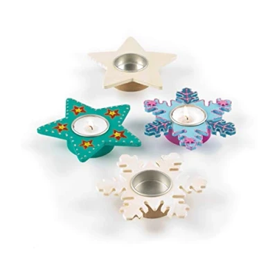 Imagen de Baker Ross EX7082 Titulares de candelita Madera Estrella y Copo Nieve Ideal para Manualidades, Regalos, Recuerdos más niños (Paquete 4)