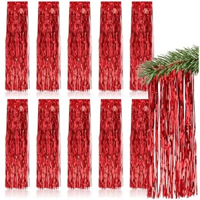 Imagen de com four® 10x Oropel Guirnalda de Rojo para Navidad Adornos navideños el árbol Cortina con Hilos Lisos (Rojo 10 Piezas)