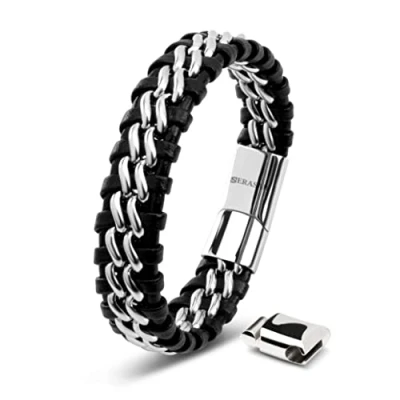 Imagen de SERASAR Pulsera Plata Hombre 20cm Plateado de Cuero Pulseras Hombres Brazalete Pulso Muñequeras Bisuteria Bisutería Joyeria Nudos Cuerda Cuerdas Bracelet Mens Jewellery Unisex Ancha