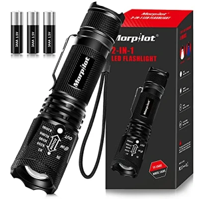 Imagen de morpilot Linterna Táctica y uv 2 en 1, LED, Militar, Aluminio, Anti caída, Impermeable IPX4, 4 Modos, 395nm Lampara para Detector Billetes, 3 Baterías Incluidas, Negro