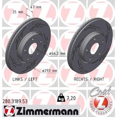 Imagen de ZIMMERMANN Disco de freno HONDA: CIVIC 9, 10, 9 Tourer 25mm 9/5 5Taladro(s) 114mm ventilación interna, ranurado revestido 280.3189.53