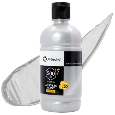Imagen de Artecho Pinturas Acrilicas 500ml Plata, Impermeable y resistente a la luz, para Lienzos, Tela, Madera, Cristal, Piedras.