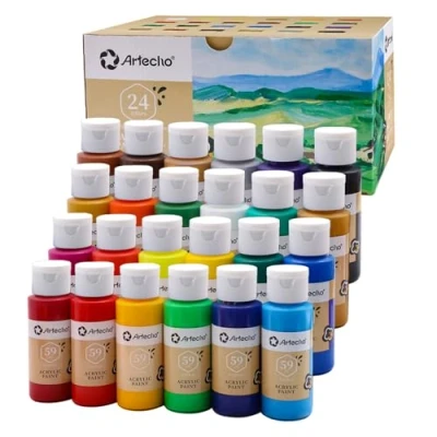 Imagen de Artecho Pinturas Acrilicas 24 x 59 ml, Acrylic Paint Set, Impermeable y resistente a la luz, para Lienzos, Tela, Madera, Cristal, Piedras.