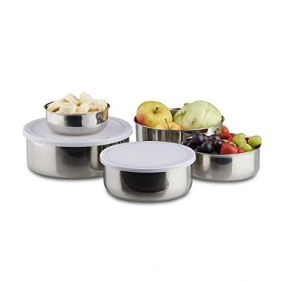 Imagen de relaxdays Set de Cuencos para Comida, Acero Inoxidable, Tapa plástico, Accesorio Camping, Menaje Cocina, 5 Uds