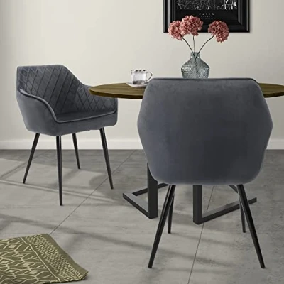 Imagen de ML Design Set 2X Sillas de Comedor Antracita Estilo Moderno Asiento Tapizado Aspecto Terciopelo Patas Metal Negras con Respaldo y Apoyabrazos Sillón para Salón Oficina Dormitorio Cocina