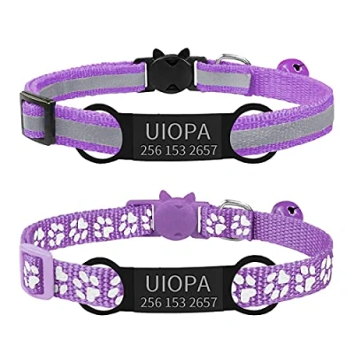Imagen de Uiopa 2 Pzs Collar Gato con Chapa Perro Grabada, Antiahogo Cascabeles y Hebilla Seguro, Liberación Rápida Reflectante, Personalizado para Mascota (Púrpura)