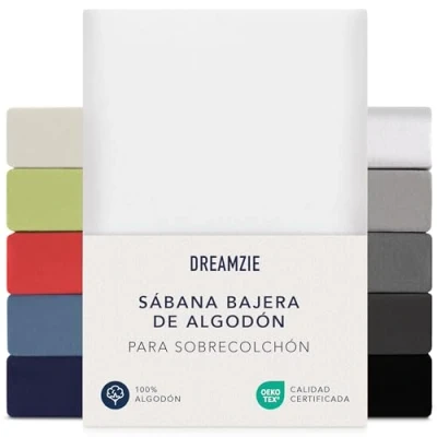 Imagen de Dreamzie Sabanas 140x200 cm 160x200 cm, Sabana Bajera para Colchones de hasta 15 Altura, 100% Algodon 150 g/m² Blanco Certificada sin Productos Químicos (Oeko Tex)