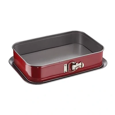 Imagen de Tefal Delibake J16405 Molde tarta rectangular,forma rectangular desmontable y con gran fondo,revestimiento antiadherente,fácil desmonte,de acero al carbono,con grosor 3/10,rojo,8,2x27,5x39 cm