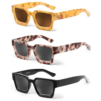 Imagen de JM 3 Pack gafas de sol cuadradas lectura, moda para las mujeres hombres lentes completas bisagras resorte +0.0