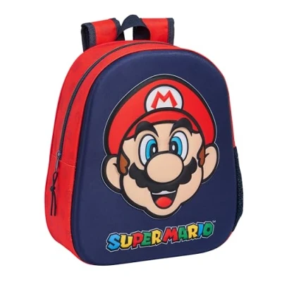 Imagen de SUPER MARIO Mochila Escolar, con Diseño 3D, Adaptable a Carro, Ideal para Niños de Diferentes Edades, Cómoda y Versátil, Calidad Resistencia, 27x10x33 cm, Color Azul Marino/Rojo