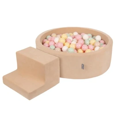 Imagen de KiddyMoon Parque Terciopelo Infantil De Espuma con Rodondo Piscina Bolas (200 Bolas) + Escalones para Niños, Beige Arena: Pastel/Amarillo Pastel/Blanco/Menta/Rosa Claro