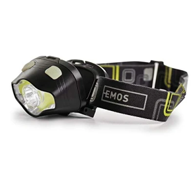 Imagen de EMOS Linterna frontal Luz blanca, verde, roja intermitente Brillo 220lm, alcance de 100m 7 modos iluminación Duración la luz: 160 horas Resistente a intemperie, los golpes