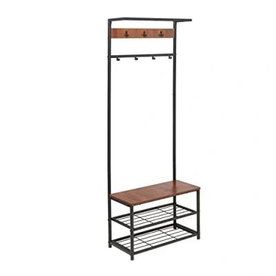 Imagen de Amazon Basics Perchero con 7 ganchos, banco y espacio para almacenamiento de zapatos, 3 estantes, Negro, 70.1 x 33 180.3 cm