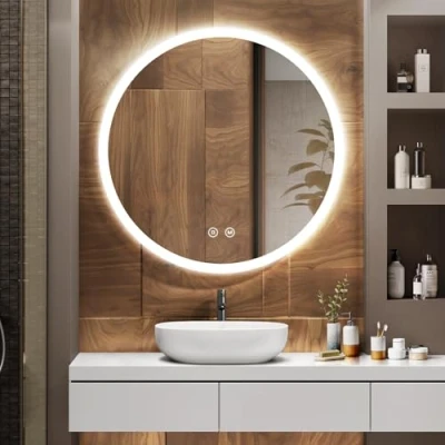 Imagen de EMKE Espejo de Baño con Iluminación, Diámetro 80cm, Redondo Interruptor Táctil, Antivaho, Función Memoria, Luz Cálida/Blanca Fría/Neutra