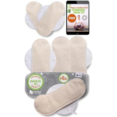Imagen de Compresas Reutilizables Ecológicas Algodón Orgánico; 6 Pack (tamaños S+M) de Tela Lavables para Mujer HECHAS EN LA UE; Organico con alas menstruación, incontinencia
