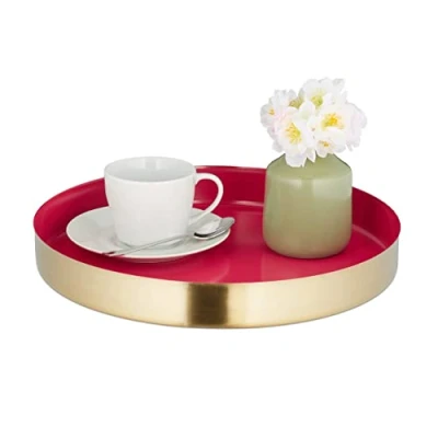 Imagen de Relaxdays Servir Bandeja Redonda Bicolor, Borde Alto, Desayuno, Decorativa, Acero Inoxidable, 4 x 32 cm, Rojo y Dorado