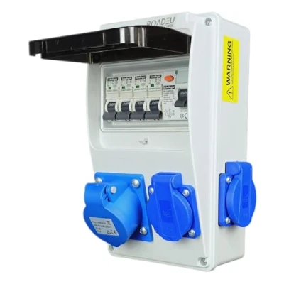 Imagen de RoadEu Distribuidor de corriente 230 V. Monofásico CEE 16 A 3P enchufe y 3 Enchufes Schuko con fusible automático A. interruptor FI. integrados