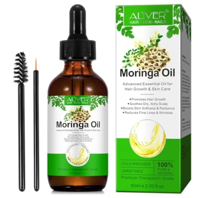 Imagen de Moringa Oil, 60ML Aceite de Puro para Pelo y Facial, Reduce las Líneas Finas, Estimula el Crecimiento del Cabello, Fortalece Raíces Cabello