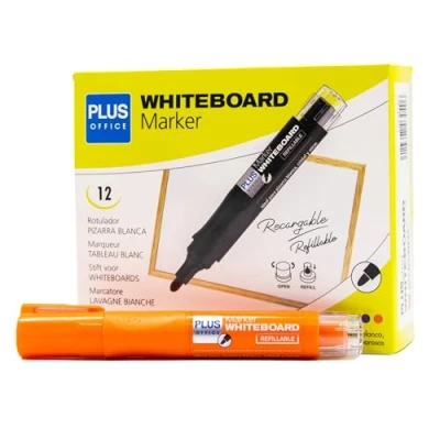Imagen de Plus Office 12 Rotuladores de Pizarra Blanca con Tinta Liquida Recargable, Punta 2mm, Ideal para Escribir en Cristal, y Otras Superficies Lisas, Borrable (Naranja, Rotulador)
