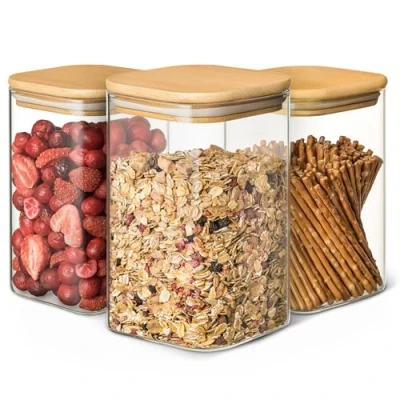 Imagen de Praknu 3 Tarros de Almacenaje Cocina Cristal con Tapa Bambu 1l Cuadrados Hermeticos Aptos para Lavavajillas