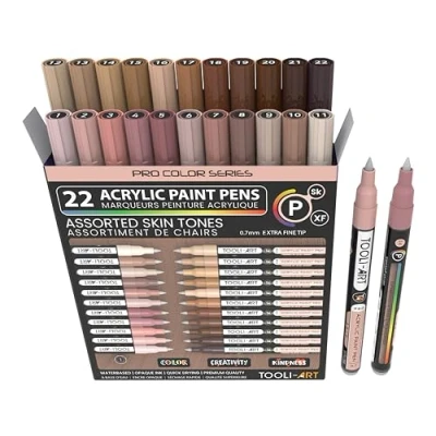 Imagen de Juego de rotuladores acrílicos Color Pro Series, 22 tonos piel, punta extra fina 0,7 mm, para pintura piedra, vidrio, madera, metal, lienzo, no tóxico, a base agua, secado rápido