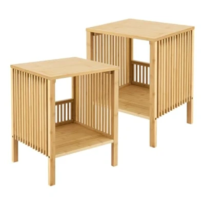 Imagen de [en.casa] Juego de 2 Mesas Auxiliares Varde Multifuncionales con Compartimento Abierto para Sala Mesilla Noche Dormitorio Set Café Junto al Sofá Bambú 50 x 39 33 cm Color Natural